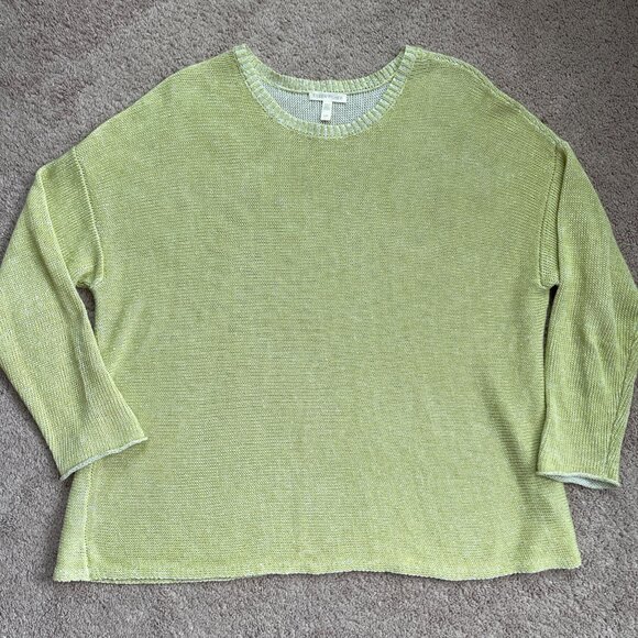 Eileen Fisher Sweater Womens L Green 100% Organic Linen Crewneck Open Knit - Picture 2 of 7